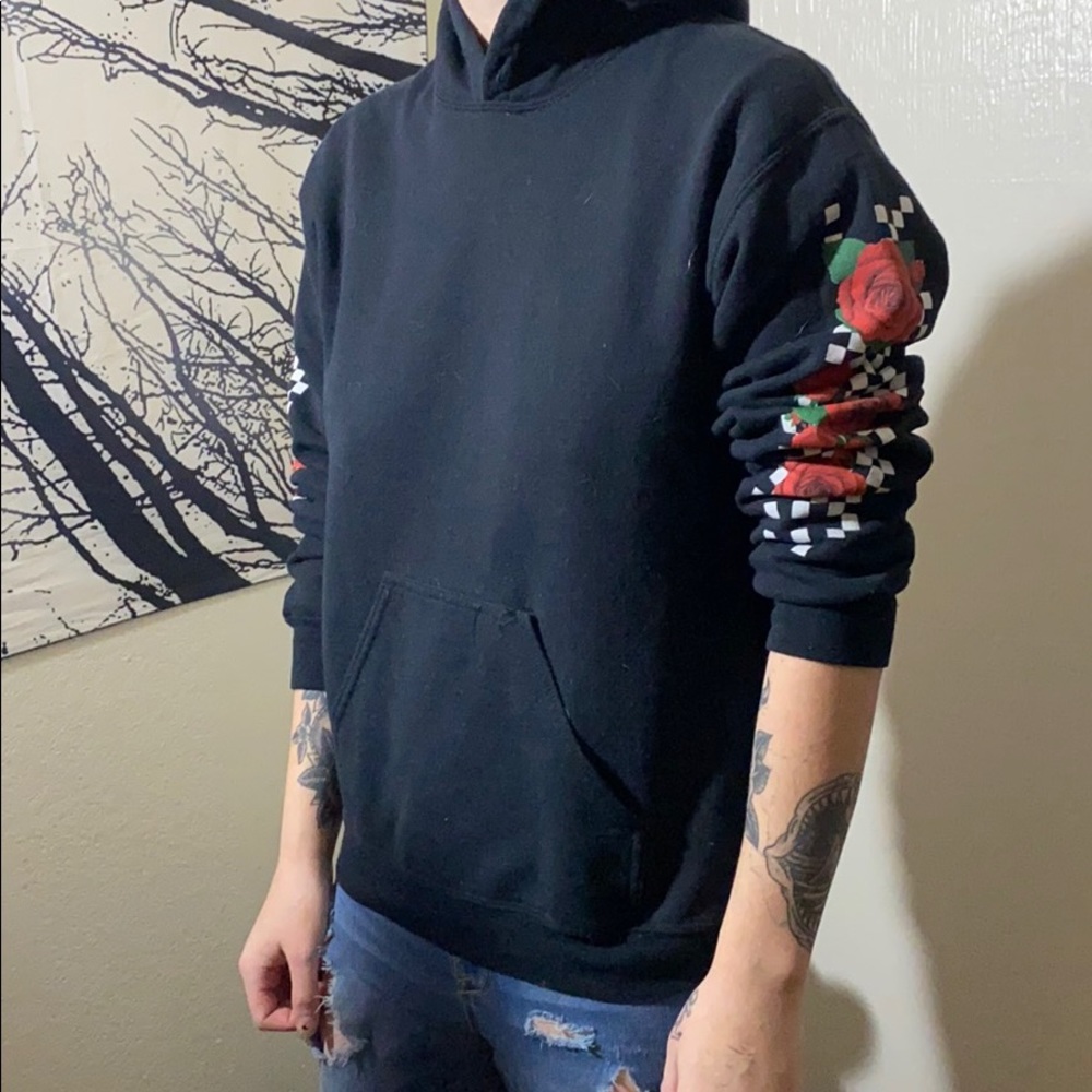 Black hoodie with checkerboard rose sleeves